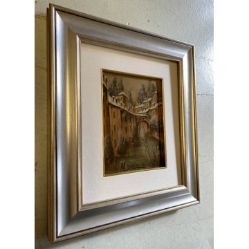 QUADRO DIPINTO OLIO RAME Luciano Lutring PAESAGGIO ANTICO BORGO FIUME PONTE 1995