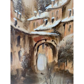 QUADRO DIPINTO OLIO RAME Luciano Lutring PAESAGGIO ANTICO BORGO FIUME PONTE 1995