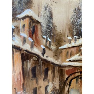 QUADRO DIPINTO OLIO RAME Luciano Lutring PAESAGGIO ANTICO BORGO FIUME PONTE 1995