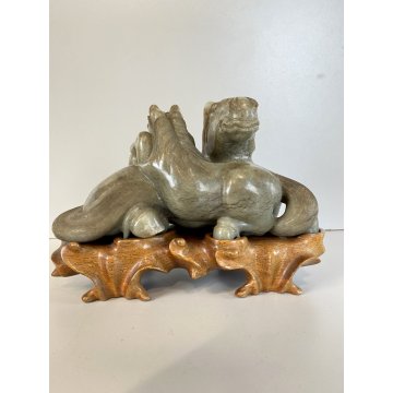 SCULTURA GIADA FIGURE CAVALLO PULEDRO MADRE FIGLIO BASE LEGNO INTAGLIATO '900