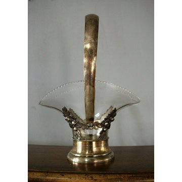 ANTICO VASO LIBERTY FLOREALE CESTINO ROSE VETRO METALLO ARGENTATO PUNZONATO AFC 