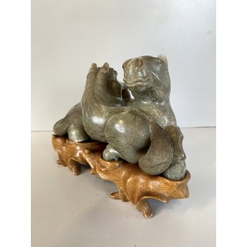 SCULTURA GIADA FIGURE CAVALLO PULEDRO MADRE FIGLIO BASE LEGNO INTAGLIATO '900