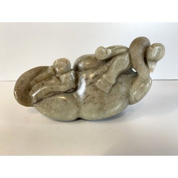 SCULTURA GIADA FIGURE CAVALLO PULEDRO MADRE FIGLIO BASE LEGNO INTAGLIATO '900