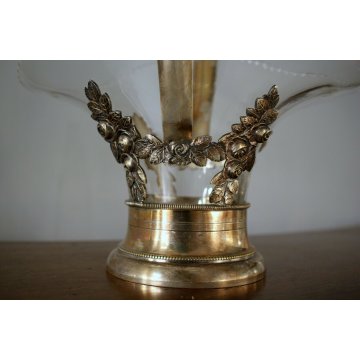 ANTICO VASO LIBERTY FLOREALE CESTINO ROSE VETRO METALLO ARGENTATO PUNZONATO AFC 