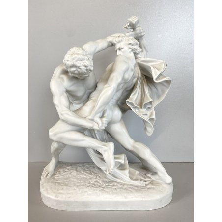 SCULTURA PORCELLANA BISCUIT Johan Peter Molin Lottatori di coltelli 30,5cm/h 900