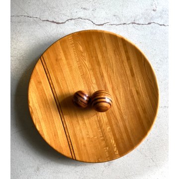 CENTROTAVOLA PIATTO + 2 SFERE LEGNO DESIGN Delbru PORTA FRUTTA BOWL ø 59cm '70s