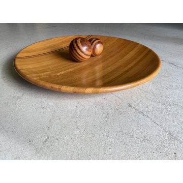CENTROTAVOLA PIATTO + 2 SFERE LEGNO DESIGN Delbru PORTA FRUTTA BOWL ø 59cm '70s