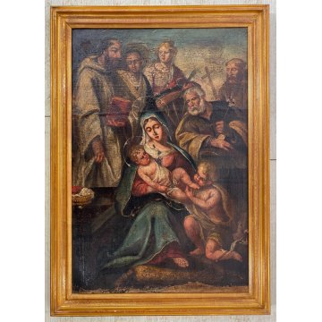 ANTICO DIPINTO OLIO SACRA FAMIGLIA SAN GIOVANNI SANTA ELISABETTA SANTI '600