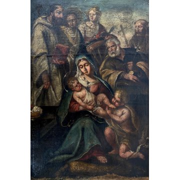 ANTICO DIPINTO OLIO SACRA FAMIGLIA SAN GIOVANNI SANTA ELISABETTA SANTI '600