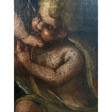 ANTICO DIPINTO OLIO SACRA FAMIGLIA SAN GIOVANNI SANTA ELISABETTA SANTI '600