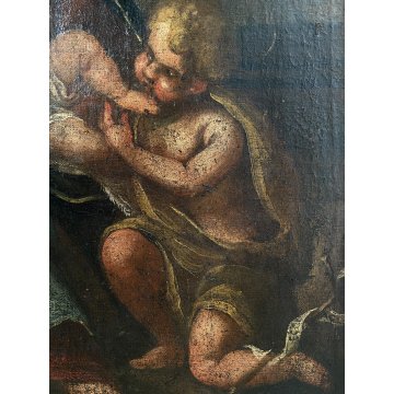 ANTICO DIPINTO OLIO SACRA FAMIGLIA SAN GIOVANNI SANTA ELISABETTA SANTI '600