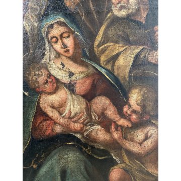 ANTICO DIPINTO OLIO SACRA FAMIGLIA SAN GIOVANNI SANTA ELISABETTA SANTI '600