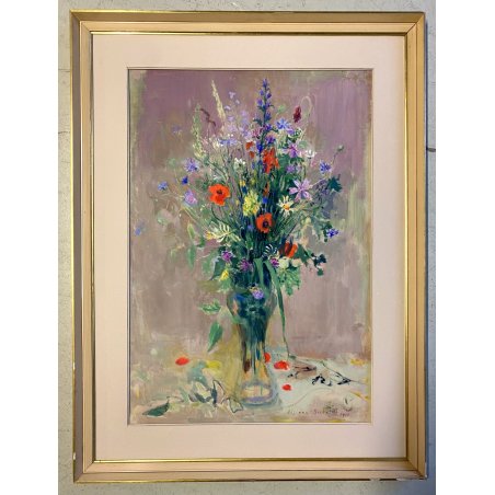 ANTICO QUADRO DIPINTO Adriano Sicbaldi OLIO MASONITE VASO FIORI DI CAMPO 1962