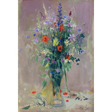 ANTICO QUADRO DIPINTO Adriano Sicbaldi OLIO MASONITE VASO FIORI DI CAMPO 1962