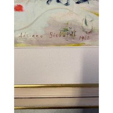 ANTICO QUADRO DIPINTO Adriano Sicbaldi OLIO MASONITE VASO FIORI DI CAMPO 1962