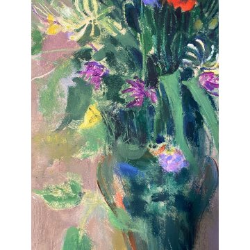 ANTICO QUADRO DIPINTO Adriano Sicbaldi OLIO MASONITE VASO FIORI DI CAMPO 1962