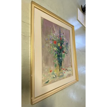 ANTICO QUADRO DIPINTO Adriano Sicbaldi OLIO MASONITE VASO FIORI DI CAMPO 1962