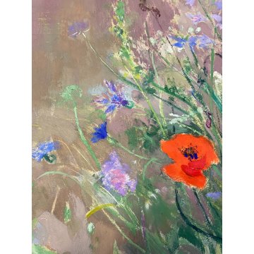 ANTICO QUADRO DIPINTO Adriano Sicbaldi OLIO MASONITE VASO FIORI DI CAMPO 1962