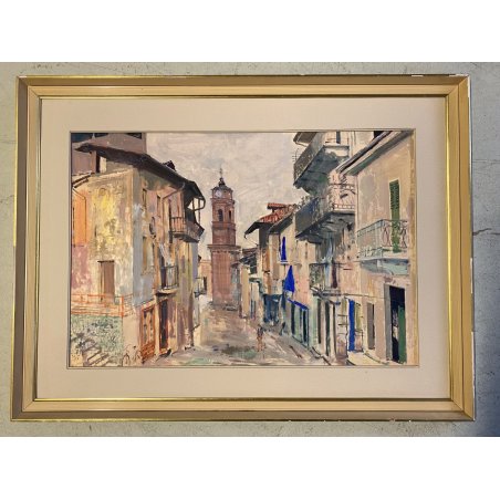 QUADRO DIPINTO Adriano Sicbaldi OLIO MASONITE SCORCIO GIAVENO TORRE OROLOGI '63