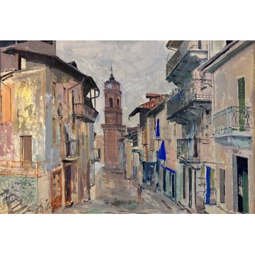 QUADRO DIPINTO Adriano Sicbaldi OLIO MASONITE SCORCIO GIAVENO TORRE OROLOGI '63