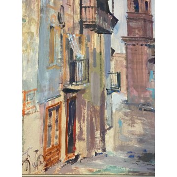 QUADRO DIPINTO Adriano Sicbaldi OLIO MASONITE SCORCIO GIAVENO TORRE OROLOGI '63