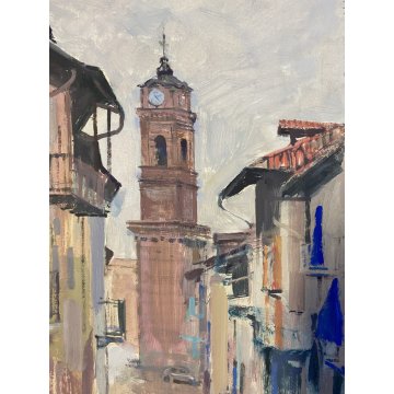 QUADRO DIPINTO Adriano Sicbaldi OLIO MASONITE SCORCIO GIAVENO TORRE OROLOGI '63