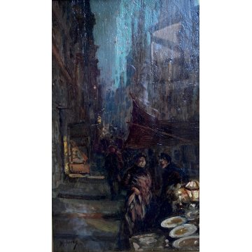 ANTICO DIPINTO OLIO TAVOLETTA V. Migliaro VICOLO NAPOLI FIGURE CORNICE DOPPIA