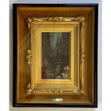 ANTICO DIPINTO OLIO TAVOLETTA V. Migliaro VICOLO NAPOLI FIGURE CORNICE DOPPIA