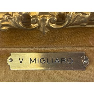 ANTICO DIPINTO OLIO TAVOLETTA V. Migliaro VICOLO NAPOLI FIGURE CORNICE DOPPIA