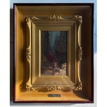 ANTICO DIPINTO OLIO TAVOLETTA V. Migliaro VICOLO NAPOLI FIGURE CORNICE DOPPIA
