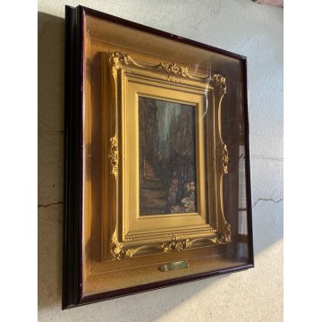 ANTICO DIPINTO OLIO TAVOLETTA V. Migliaro VICOLO NAPOLI FIGURE CORNICE DOPPIA