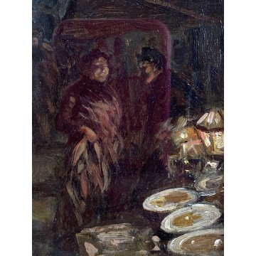 ANTICO DIPINTO OLIO TAVOLETTA V. Migliaro VICOLO NAPOLI FIGURE CORNICE DOPPIA