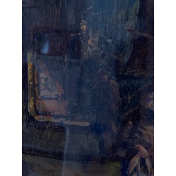 ANTICO DIPINTO OLIO TAVOLETTA V. Migliaro VICOLO NAPOLI FIGURE CORNICE DOPPIA