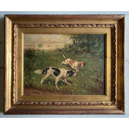 QUADRO DIPINTO SCENA CACCIA con DUE CANI BEAGLE PAESAGGIO CAMPESTRE SELVA '900