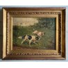 QUADRO DIPINTO SCENA CACCIA con DUE CANI BEAGLE PAESAGGIO CAMPESTRE SELVA '900