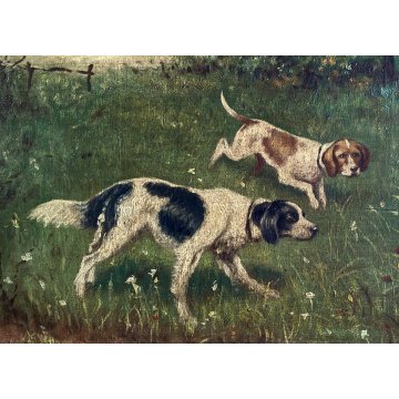 QUADRO DIPINTO SCENA CACCIA con DUE CANI BEAGLE PAESAGGIO CAMPESTRE SELVA '900