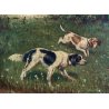 QUADRO DIPINTO SCENA CACCIA con DUE CANI BEAGLE PAESAGGIO CAMPESTRE SELVA '900