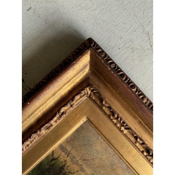 QUADRO DIPINTO SCENA CACCIA con DUE CANI BEAGLE PAESAGGIO CAMPESTRE SELVA '900