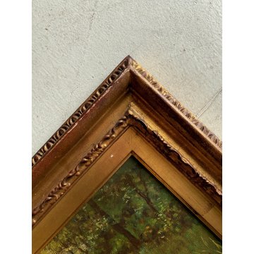 QUADRO DIPINTO SCENA CACCIA con DUE CANI BEAGLE PAESAGGIO CAMPESTRE SELVA '900