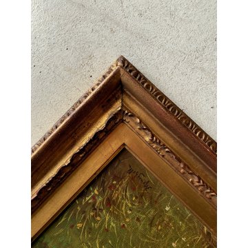 QUADRO DIPINTO SCENA CACCIA con DUE CANI BEAGLE PAESAGGIO CAMPESTRE SELVA '900