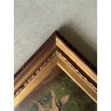 QUADRO DIPINTO SCENA CACCIA con DUE CANI BEAGLE PAESAGGIO CAMPESTRE SELVA '900