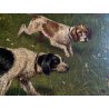 QUADRO DIPINTO SCENA CACCIA con DUE CANI BEAGLE PAESAGGIO CAMPESTRE SELVA '900