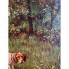 QUADRO DIPINTO SCENA CACCIA con DUE CANI BEAGLE PAESAGGIO CAMPESTRE SELVA '900