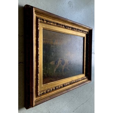 QUADRO DIPINTO SCENA CACCIA con DUE CANI BEAGLE PAESAGGIO CAMPESTRE SELVA '900