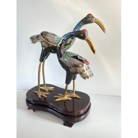 ANTICA COPPIA DI GRU CLOISONNE ANNI 70 CINESI SMALTATE FIGURA SCULTURA