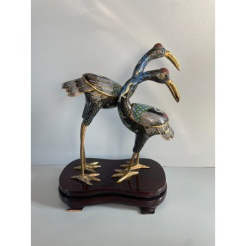 ANTICA COPPIA DI GRU CLOISONNE ANNI 70 CINESI SMALTATE FIGURA SCULTURA