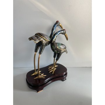 ANTICA COPPIA DI GRU CLOISONNE ANNI 70 CINESI SMALTATE FIGURA SCULTURA