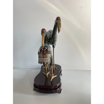 ANTICA COPPIA DI GRU CLOISONNE ANNI 70 CINESI SMALTATE FIGURA SCULTURA