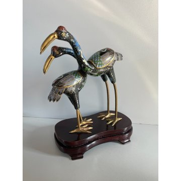 ANTICA COPPIA DI GRU CLOISONNE ANNI 70 CINESI SMALTATE FIGURA SCULTURA