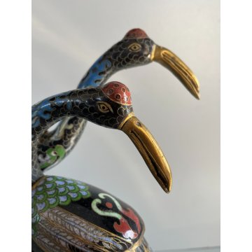 ANTICA COPPIA DI GRU CLOISONNE ANNI 70 CINESI SMALTATE FIGURA SCULTURA